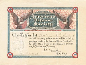 American Defense Society - Membership Certificate